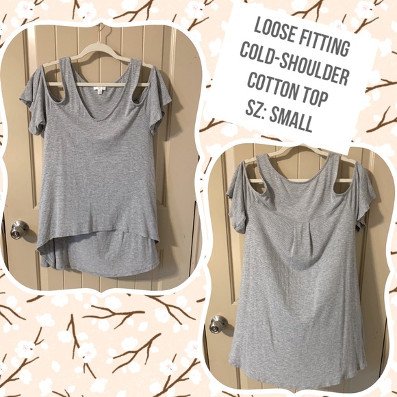 🛒 2/$12 Cold-shoulder Gray Cotton Top by C - size Small - Picture 1 of 7